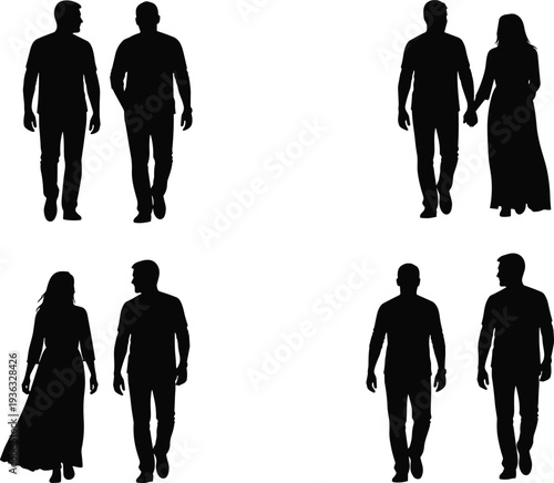Silhouetted walking pairs, diverse companions, friendship figures, holding hands, social relationships, outdoor stroll, people together, companionship illustration, lifestyle design