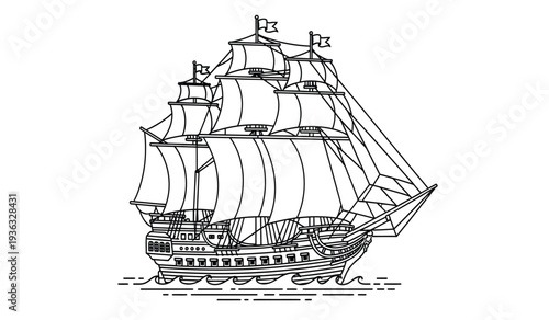 Vintage sailing ship with multiple masts and billowing sails on the ocean