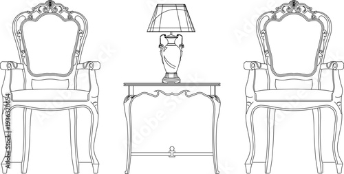 Elegant Antique Furniture Set Line Art Featuring Two Upholstered Oval Chairs and Decorative Side Table with Lamp