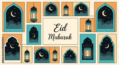 Eid Mubarak Greeting Card Design with Islamic Arch Windows and Lanterns.