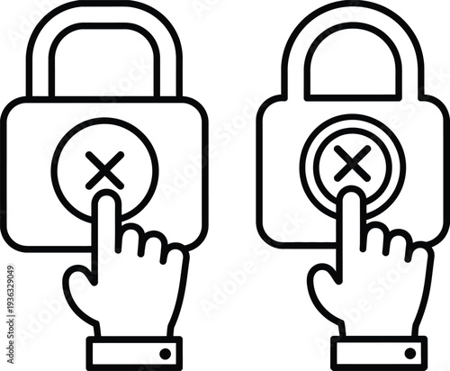 Two hands pointing at locked padlocks with red crosses over them isolated on white background, Vector, illustration