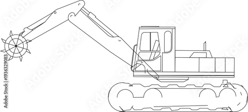Construction Machinery Transport Logistics Diagram Side View Outline of Tractor Unit and Trailer Moving Excavator Earthmover, High Resolution Technical Drawing for Engineering Presentation