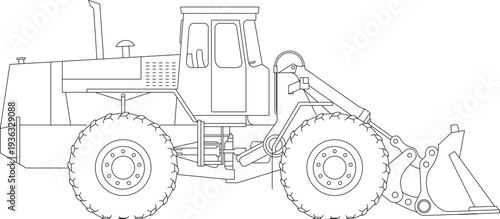 Professional Heavy Haulage Trucking Illustration Outlined Technical Sketch of Low Loader Trailer with Large Excavator Machine, Construction Equipment Transport Blueprint for Industrial Design