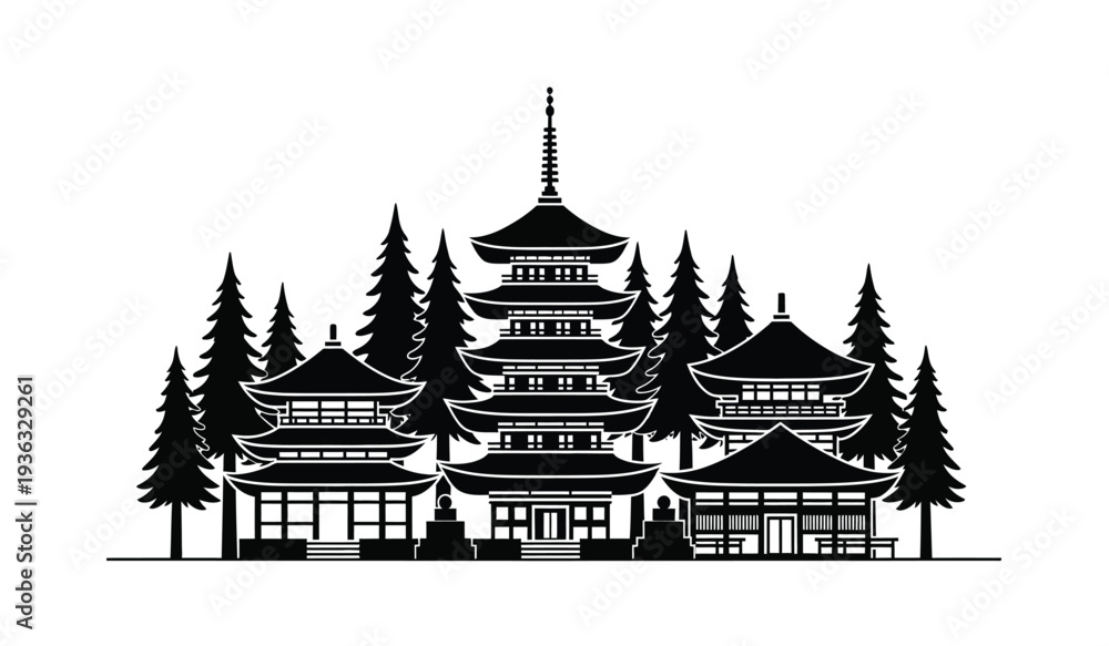 Fototapeta premium Black silhouette of a japanese pagoda temple surrounded by pine trees