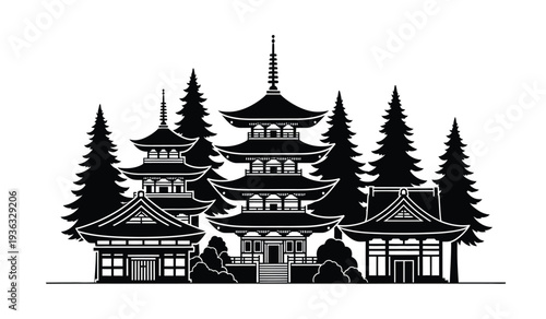 Black silhouette of a japanese pagoda temple with pine trees
