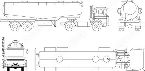 Concrete Mixer Truck Engineering Blueprint in Orthographic Projection Showing Top Side Front and Back Views
