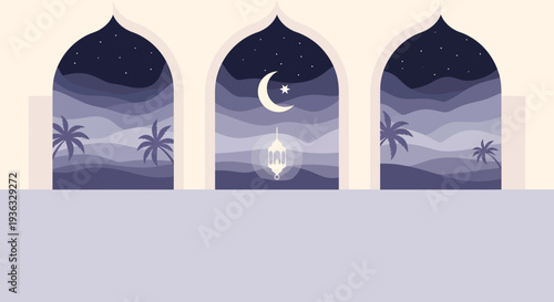 Three Islamic Arches with Ramadan Night Scenery.