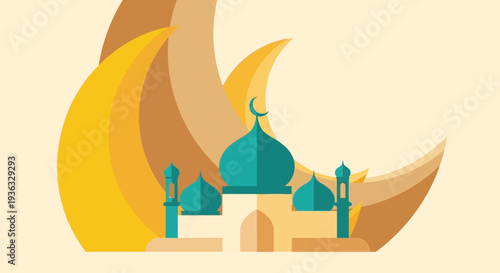 Islamic Mosque with Crescent Moon Illustration.