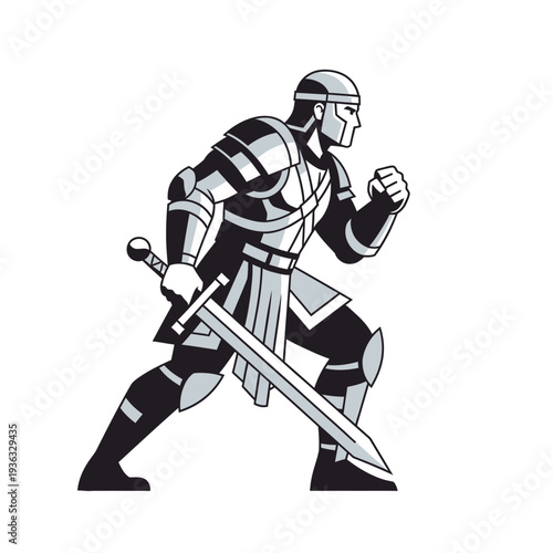 Medieval Knight Warrior In Armor With Sword Ready For Battle