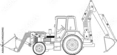 Construction Excavator Machine Side Elevation CAD Line Art with Hydraulic Boom, Bucket, and Crawler Tracks Technical Drawing