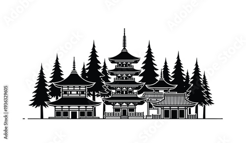 Black silhouette of a japanese pagoda temple with trees