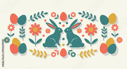Two Adorable Rabbits Surrounded by Colorful Easter Eggs and Vibrant Spring Flowers.
