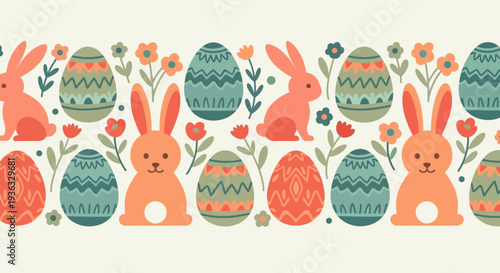 Pattern of Easter rabbits and decorated eggs.