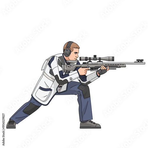 Competitive marksman aiming sniper rifle in prone shooting position, sports competition