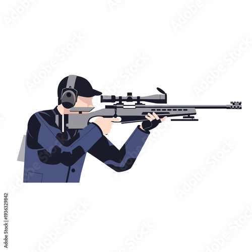 Competitive shooter aims rifle with scope, wearing ear protection and specialized clothing