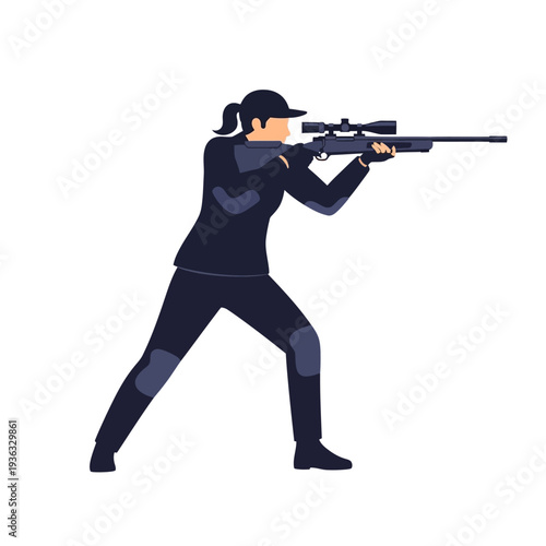 Female sniper aiming rifle with scope, tactical gear, outdoor sport, precision shooting