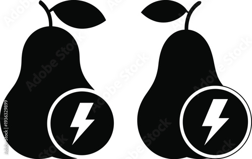 Two pears with lightning bolts inside representing energy and power. isolated on white background, Vector, illustration