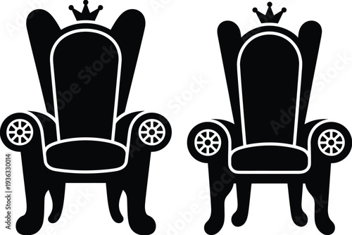 Two ornate thrones with intricate designs and a crown on top isolated on white background, Vector, illustration