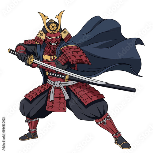 Fierce Samurai Warrior in Red Armor with Katana Sword, Dramatic Pose