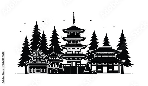 Black and white illustration of a japanese pagoda and buildings surrounded by pine trees