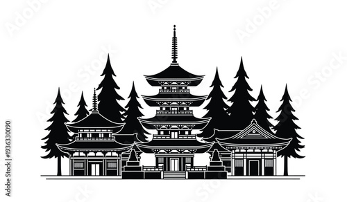 Black and white illustration of a traditional japanese pagoda temple surrounded by pine trees