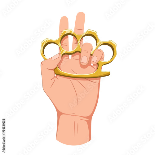 Hand holding brass knuckles, peace sign gesture, symbol of conflict and peace