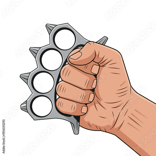 Hand holding spiked brass knuckles, close-up, isolated on white background