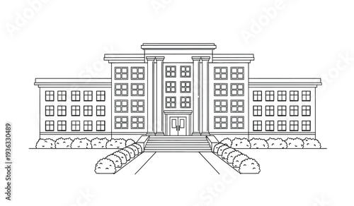 A large building with columns and many windows in a line drawing style