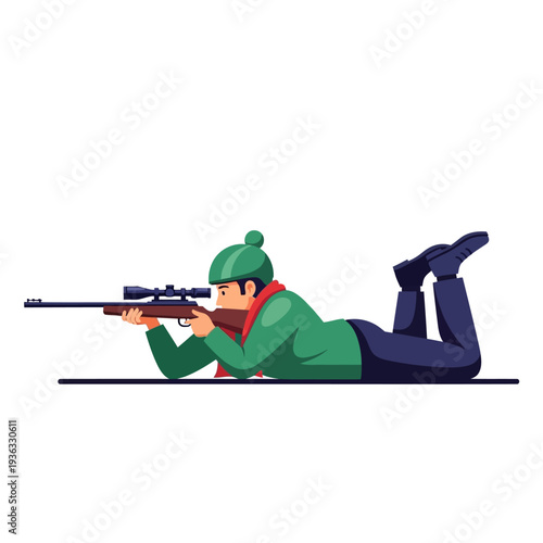 Man aiming rifle with scope, lying prone on ground, winter clothing, sport shooting