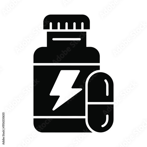 A black and white icon of a protein supplement bottle with a lightning bolt. isolated on white background, Vector, illustration