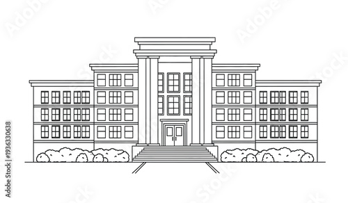 A detailed architectural line drawing of a large building with columns and windows