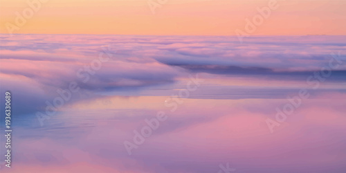An aerial view of the sun rising over a high cloudscape and mountain landscape creates a heavenly blue horizon above the clouds during a golden travel flight 