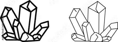 Crystal mineral cluster outline vector illustration featuring geometric quartz gemstones rock formation line art icons isolated for geology jewelry design and natural stone concepts