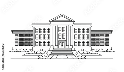 A large building with a triangular roof and many windows in a line drawing style