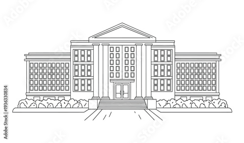 A large building with a triangular roof and many windows in a simple line drawing style