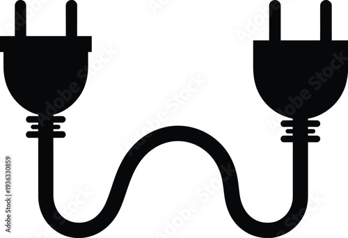 Two black power plugs connected by a wavy line on a white background. isolated on white background, Vector, illustration