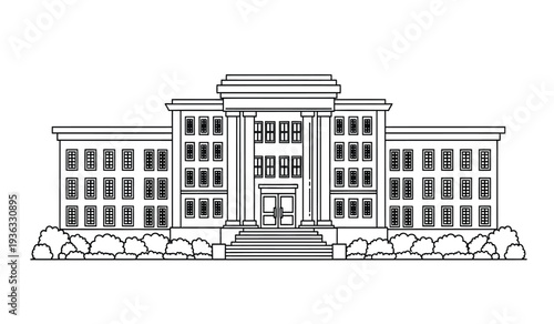 A large building with columns and many windows on the front facade