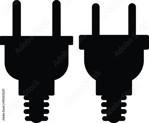 A pair of black electrical plugs with three prongs each, ready for use. isolated on white background, Vector, illustration