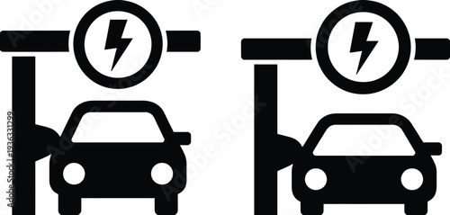 Two cars parked at electric vehicle charging stations on a city street isolated on white background, Vector, illustration