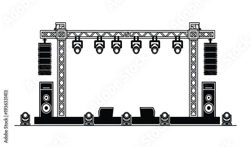 A detailed illustration of a professional stage setup with lighting and sound equipment for events and concerts