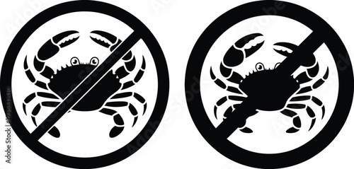 Two black and white scorpion symbols on a white background with a red circle and a diagonal line through them. isolated on white background, Vector, illustration