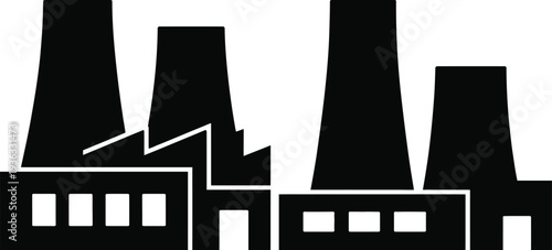A black and white illustration of a factory with multiple smokestacks isolated on white background, Vector, illustration