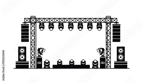 A black and white illustration of a stage with lighting and sound equipment