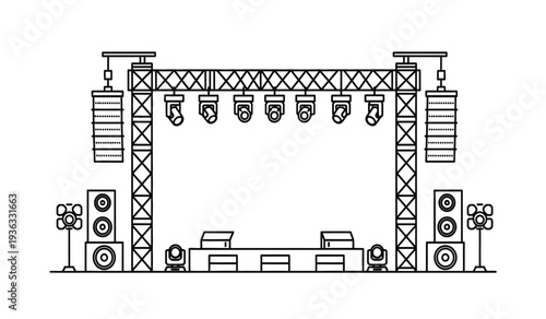 A detailed illustration of a stage setup with lighting and sound equipment for concerts or events