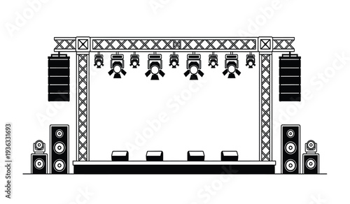 A large concert stage setup with speakers and lighting equipment for live music events and performances