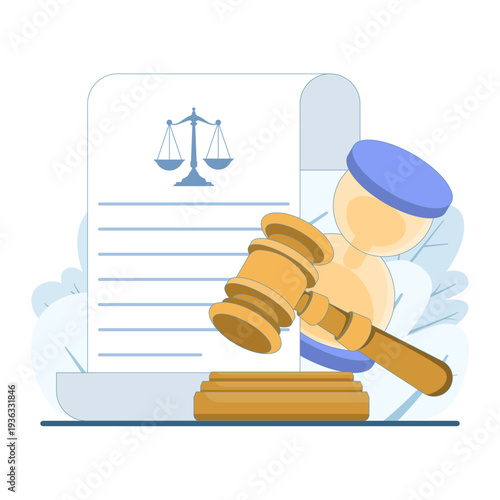 Vector illustration of law and justice, gavel and scales of justice, legal system, court, fairness, legal services, modern flat vector design for law, justice, and legal concepts.