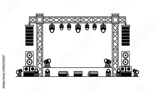 A detailed illustration of a professional stage setup with speakers and lights on a for events and concerts