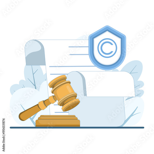 Flat vector illustration of reading legal documents, shield with copyright symbol, gavel, intellectual property protection, legal compliance, modern flat design for business and law concept.