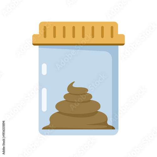 Flat cartoon vector illustration of feces analysis container, plastic stool sample cup isolated on white background, medical laboratory test concept for healthcare and diagnostic examination.