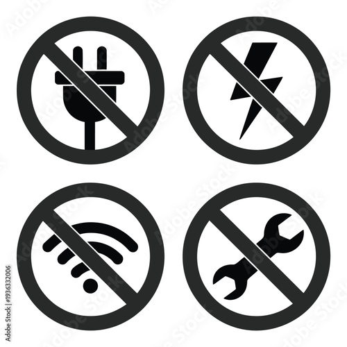Four icons representing prohibited activities in a specific area. isolated on white background, Vector, illustration
